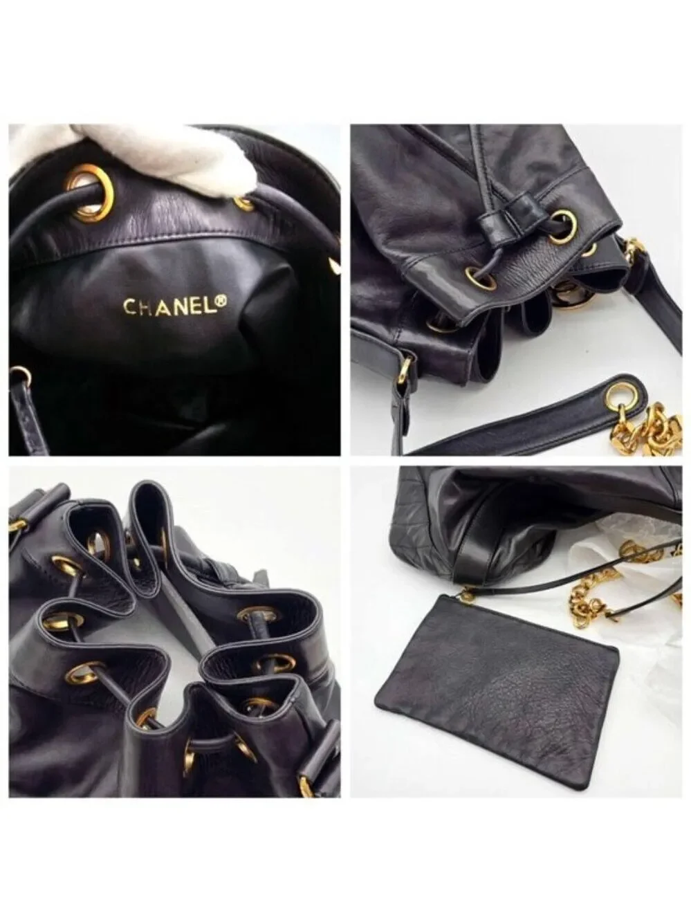 Authentic Chanel Drawstring Bucket Bag Black Leather Gold Chain CC Logo